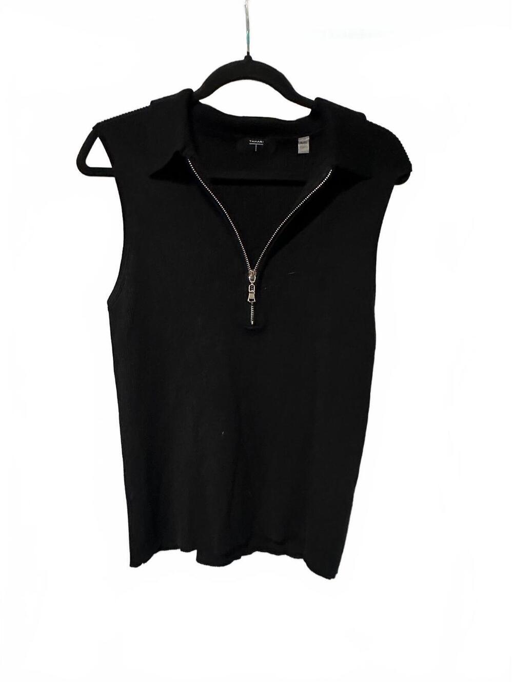Tahari black sleeveless zip neck knit top